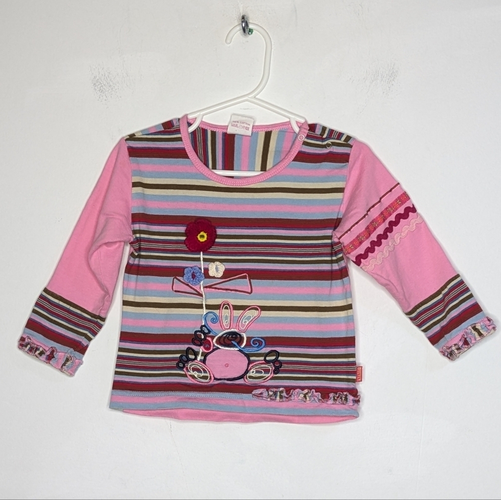 ✨ 3/$15 Oilily Pink Red Blue Abstract Flower Embroidered Striped T-shirt 18Mo